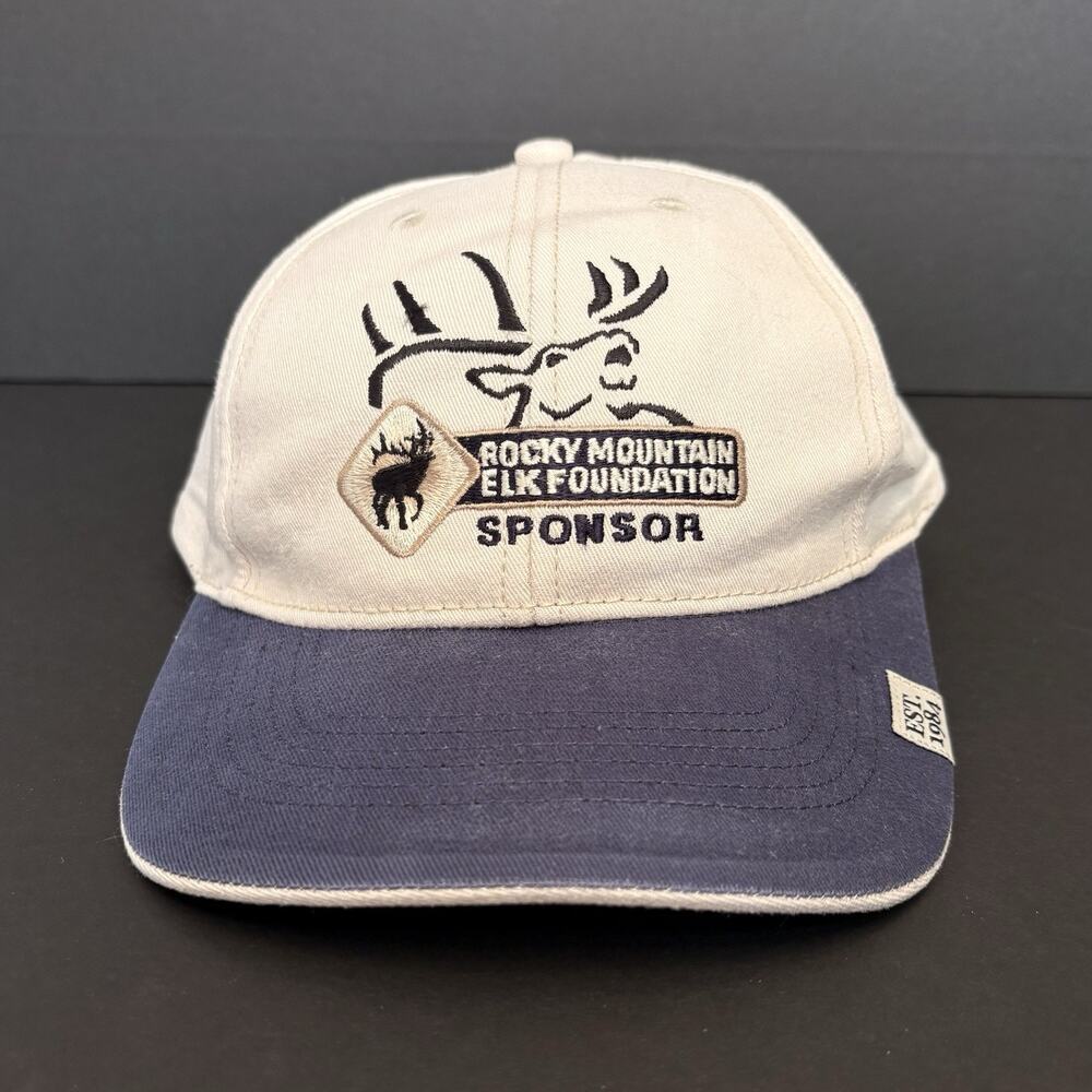 Rocky Mountain Elk Foundation Sponsor Vintage Strap Back RMEF Hat Navy‎ & Tan